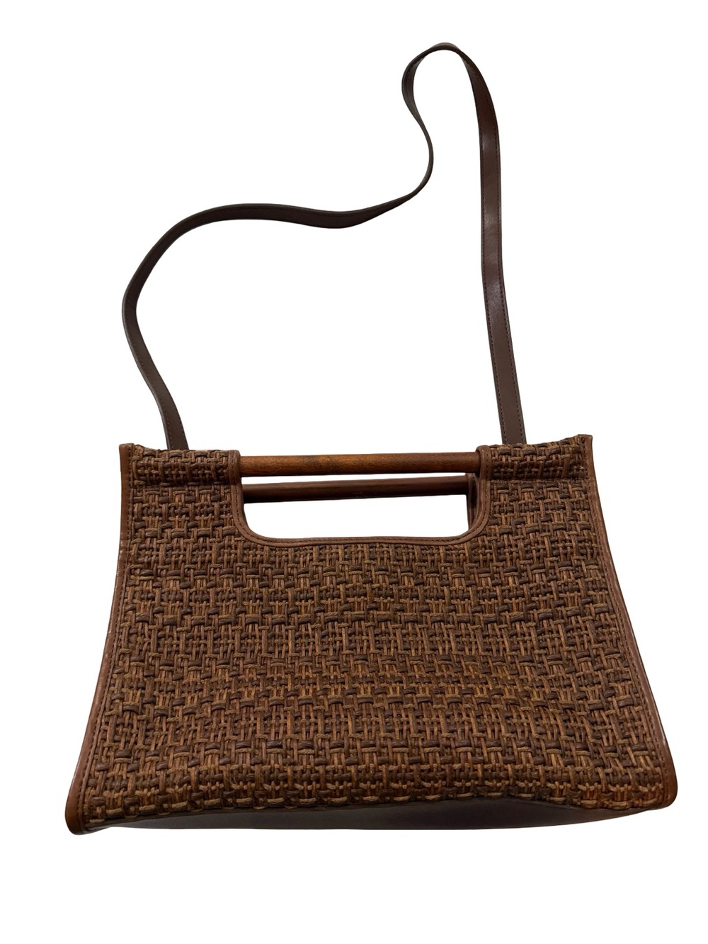 Fossil 75082 Brown Woven Raffia Tote Wood Handle Crossbody Bag One Size Women's